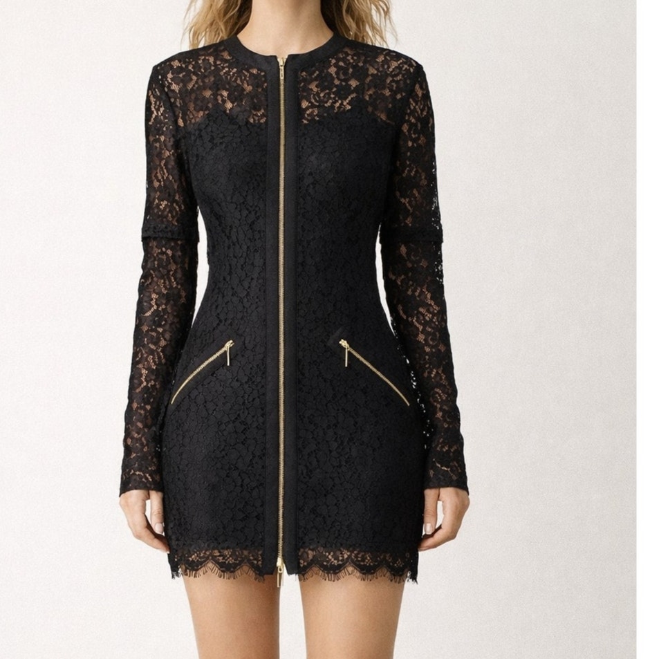 Rachel Zoe Dress Mini Womens Size 2 Black Lace Sheer Zip Front Gold Pockets Sexy